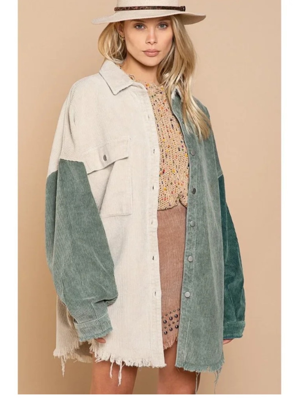 POL Colorblock Corduroy Oversized Shacket Sage Jade Cream Boho Large - Picture 7 of 9